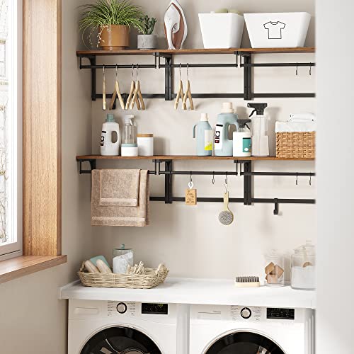 VASAGLE Laundry Room Shelf Wall Mounted, Coat Rack Shelf, with 8 Removable Hooks, for Entryway, Living Room, Kitchen, Bedroom, 15.7 x 9.4 x 9.4 Inches, Rustic Brown and Black ULCR103B01