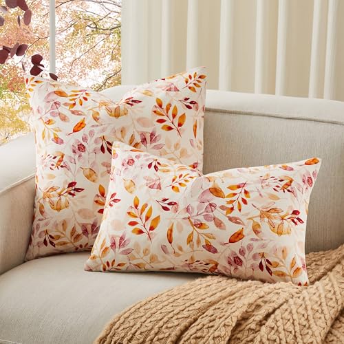 YZJZEDS 20x20 Inch Cotton Fall Pillow Covers Set of 2 Watercolor Leaf Print Farmhouse Decor