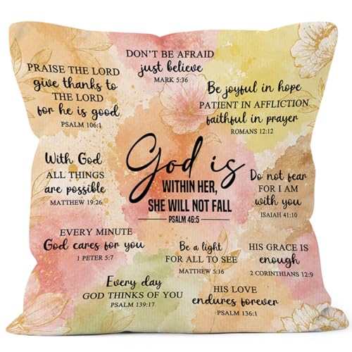 Christian Floral Throw Pillow Cover 18x18 - God Is Within Her (Christian-16)