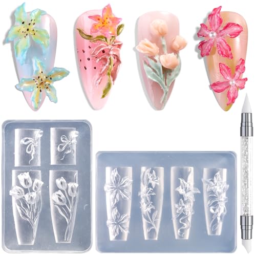 Silicone Nail Art Molds Set 3D Flower Tulip Bouquet with Carving Pen