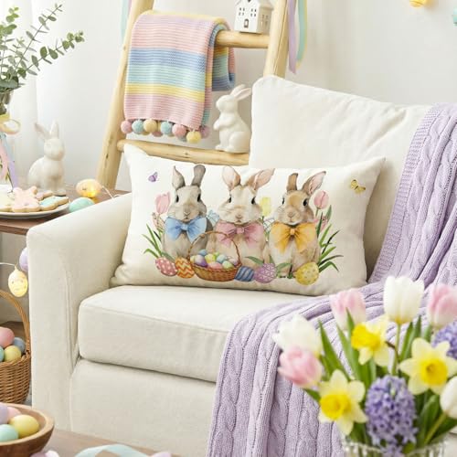 Easter Bunny Throw Pillow Cover, 12x20 Inch Polyester Cushion Case
