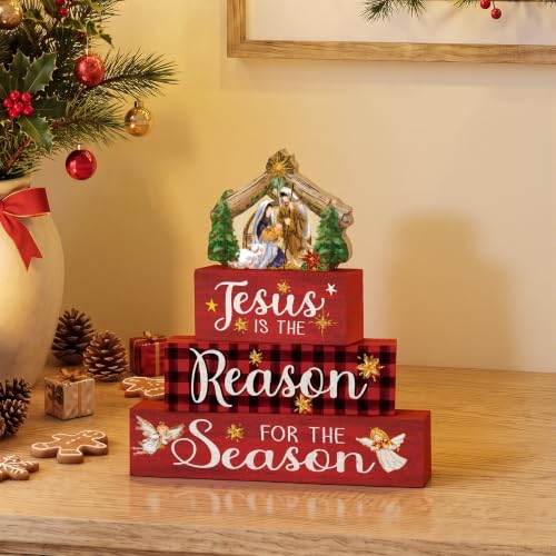 Smile 4 Pcs Wooden Christmas Block Signs - Jesus Nativity Scene Decor