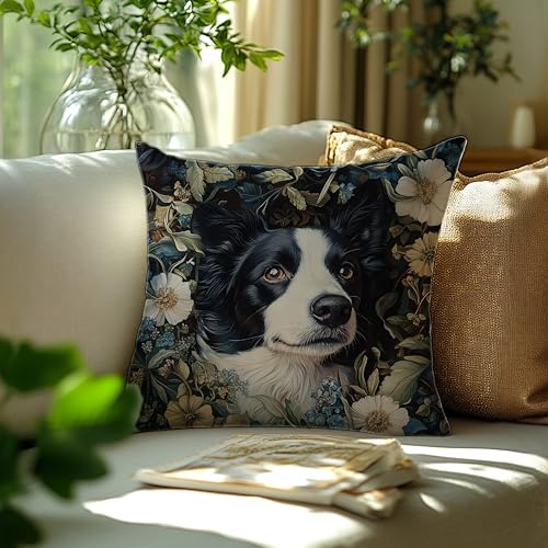 William Morris Inspired Border Collie Dog Floral Decor Pillow Cover 18x18