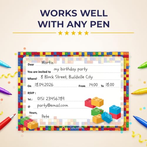 Building Block Birthday Invitations - Set of 10 Kids Party Cards