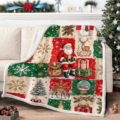 Christmas Santa Deer Throw Blanket - Holiday Patchwork Fleece 50x60, Red