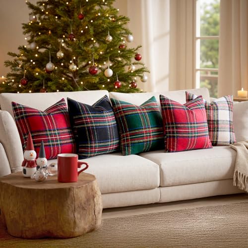 Christmas Plaid Decorative Euro Pillow Covers Set of 2 24x24 Inches - Red