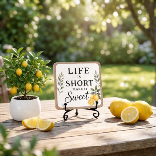 Lemon Kitchen Decor Sign | 5x5 Inch Wooden Plaque with Stand