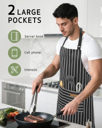 Syntus Adjustable Kitchen Apron - 2 Pack, Polycotton Stripe, Black & Brown
