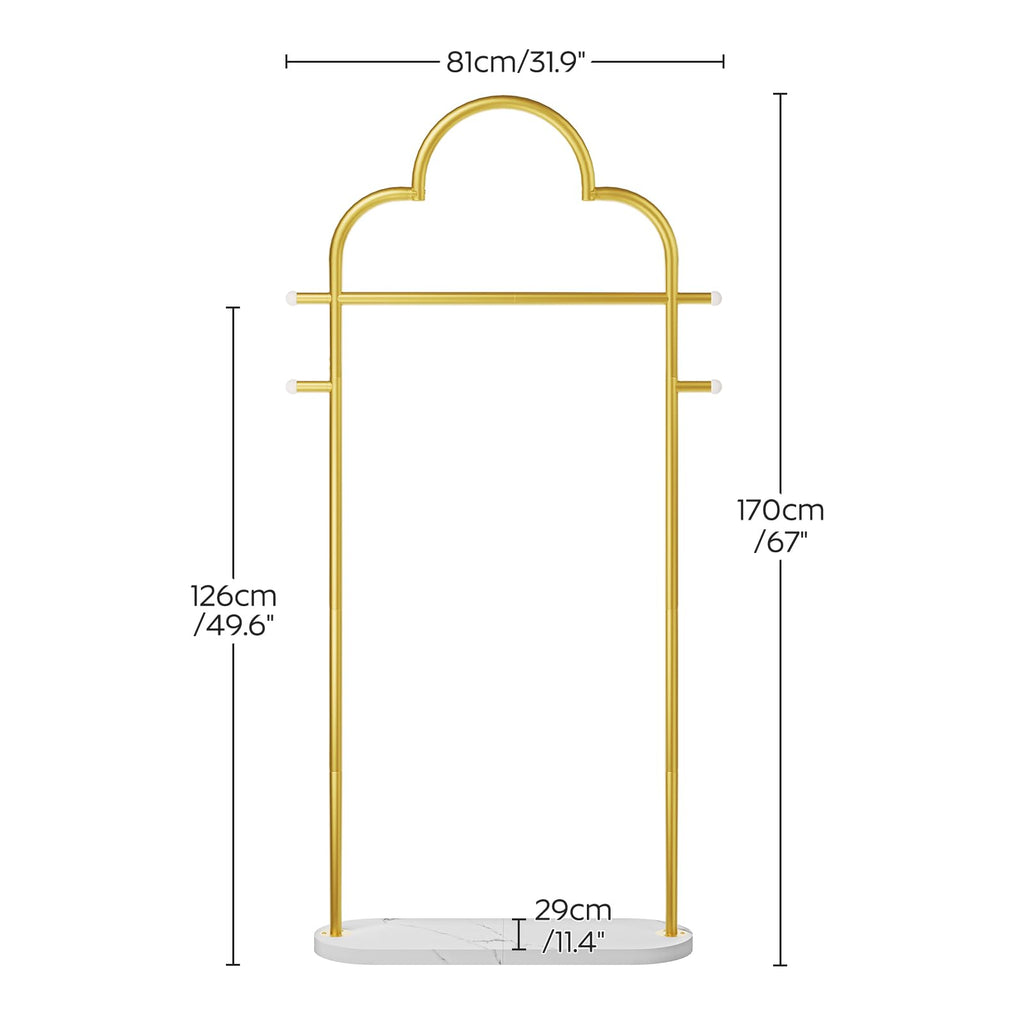 YATINEY Coat Rack Freestanding, Heavy Duty Clothes Rack with 4 Hooks, Metal Coat Hanger Stand with Stable Base, Gold Clothing Rack for Entryway, Bedroom, Office, Gold and Marble White YM04DM