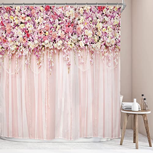 Riyidecor Pink Floral Shower Curtain 72"x72" with Hooks - Bridal Decor