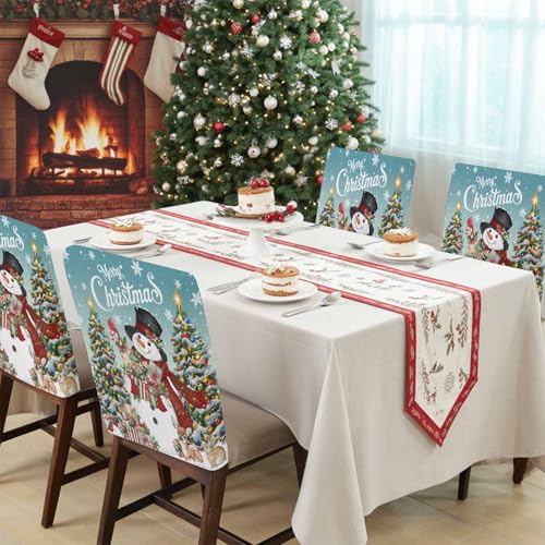 4 Pcs Teal Christmas Snowman Chair Back Covers - Winter Dining Decor