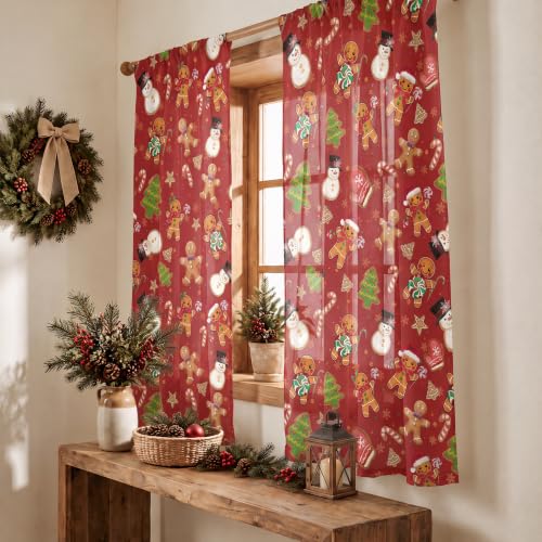 Red Sheer Holiday Curtains 52x63 Inches - Pack of 2 with Gingerbread & Snowman