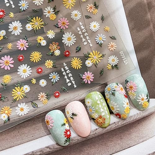 5D Embossed Floral Nail Stickers - Self-Adhesive Daisy Flower Nail Decals