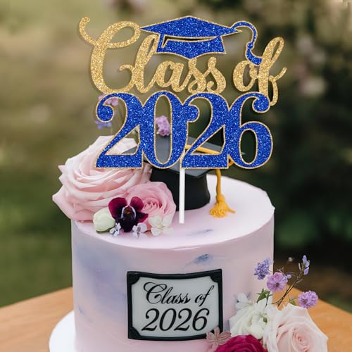 Class of 2026 Graduation Cake Topper - Gold & Blue Glitter