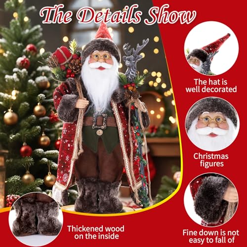 18-Inch Santa Claus Figurine with Deer-Head Cane and Sack for Christmas Home Decor