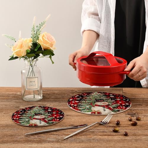 Snowman Christmas Tree Trivet Mat Set - Red Black Plaid Woven Hot Pads