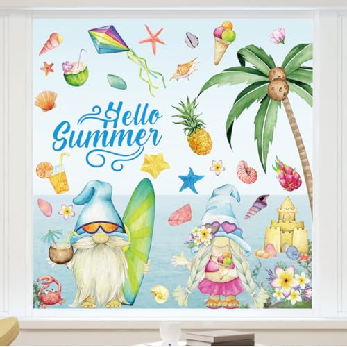 Hello Summer Gnome Window Clings - 2 Large Sheets of Tropical Decor