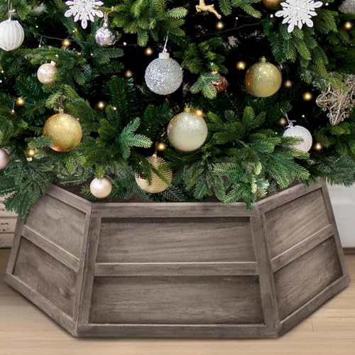 Hexagon Wooden Christmas Tree Collar - Rustic Gray 6 Panel Tree Protector