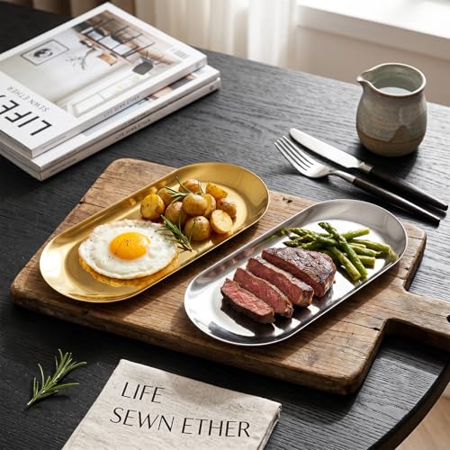 2 Pcs Gold & Silver Decorative Trays - Oval Stainless Steel Organizer