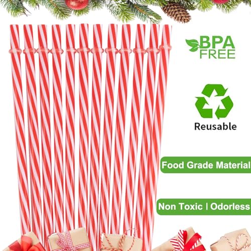 Red and White Striped Reusable Plastic Straws - 12 Pack with Cleaner Brush