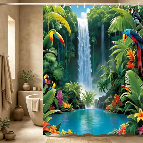 DLRIUAZEP Tropical Jungle Shower Curtain Set 72x72 Inches with Waterfall Parrots & Palm Trees - Variation 305