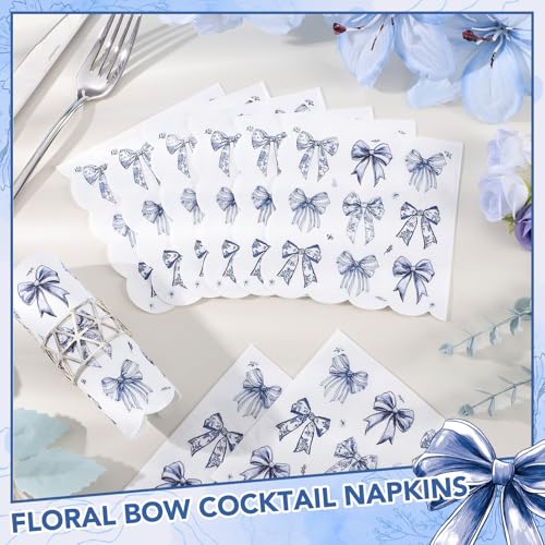 100 Pack Blue Bow Cocktail Napkins - 5" Scalloped Disposable Paper