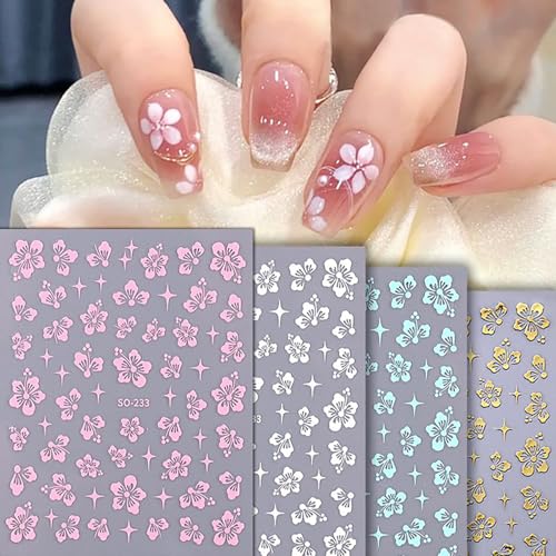 3D Hibiscus Flower Nail Art Stickers - 6 Sheets Self-Adhesive Floral Decals