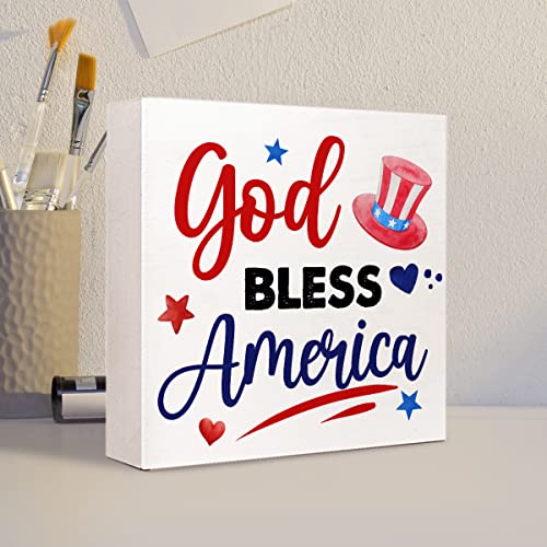 God Bless America Patriotic Wooden Block Sign 4th of July Desk Decor