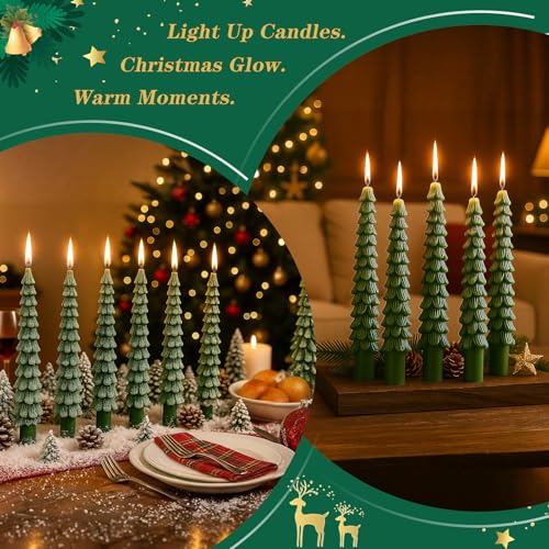 Green 12 Pc Christmas Tree Taper Candles - Unscented Holiday Decor