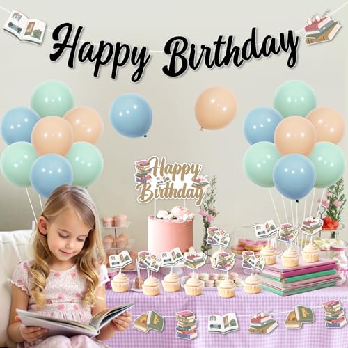 Storybook Birthday Decorations Set - Happy Birthday Banner & Cupcake Toppers with Balloons