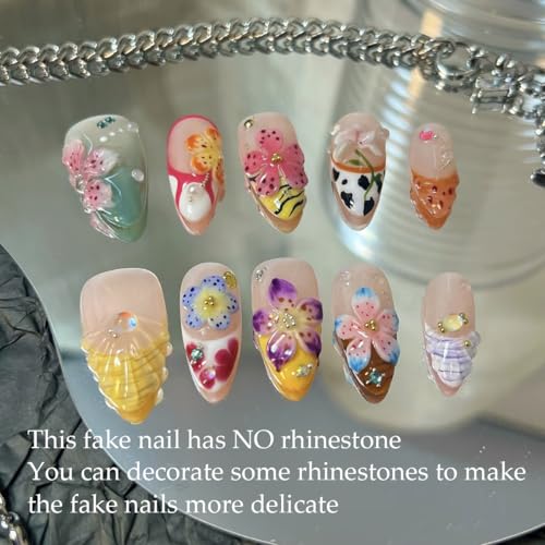 3D Flower Press On Nails Medium Almond French Tip False Nails Set