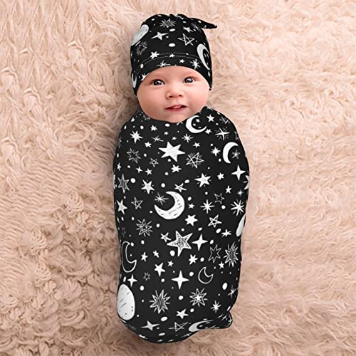 Moon Star Swaddle Blanket Set for Baby Boys & Girls - Soft Stretchy with Hat