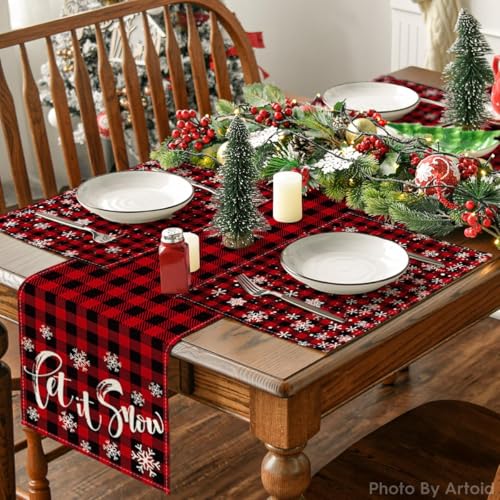 12x18 Inch Red and Black Buffalo Plaid Snowflakes Christmas Placemats Set of 8