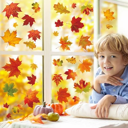 9 Sheets Fall Maple Leaf Window Clings - Reusable Autumn Decals for Glass