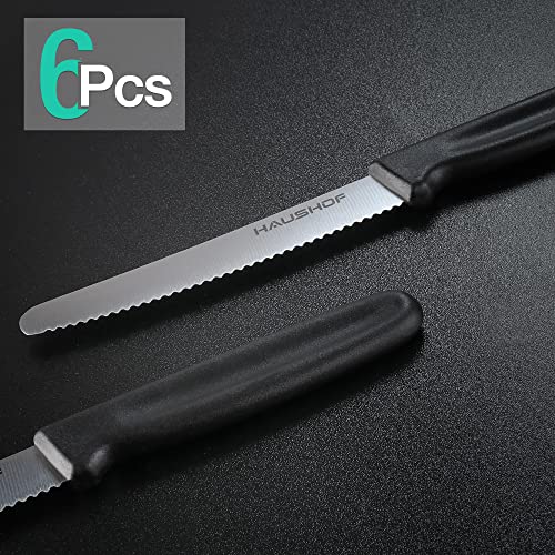 HAUSHOF Serrated Steak Knife Set - 6 Piece Stainless Steel, Black Handle