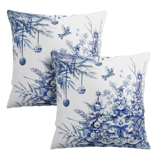 Blue Christmas Tree Pillow Covers Set of 2 18x18 Inches - Winter Holiday Outdoor Throw Pillowcases