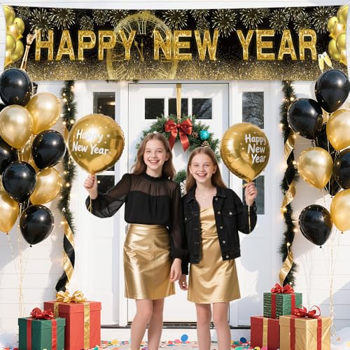 AIBIIN Happy New Year 2026 Gold Backdrop Banner 118x20 Inch Party Decor