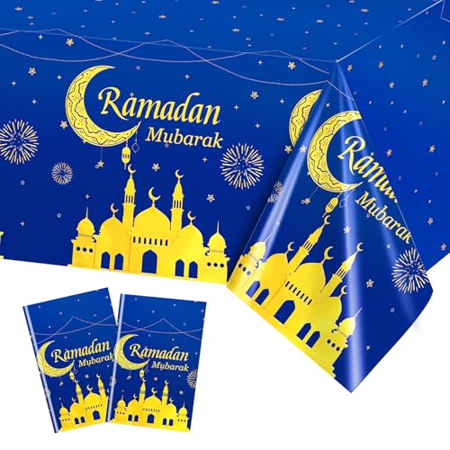 Ramadan Mubarak Table Covers - 2 Pack Disposable Plastic Tablecloths 54" x 108"