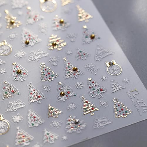 5D Embossed Christmas Nail Art Stickers White Gold Xmas Tree Decals