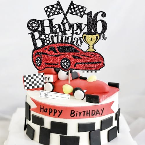 Racing Car 16th Birthday Cake Topper - Checkered Flag Theme