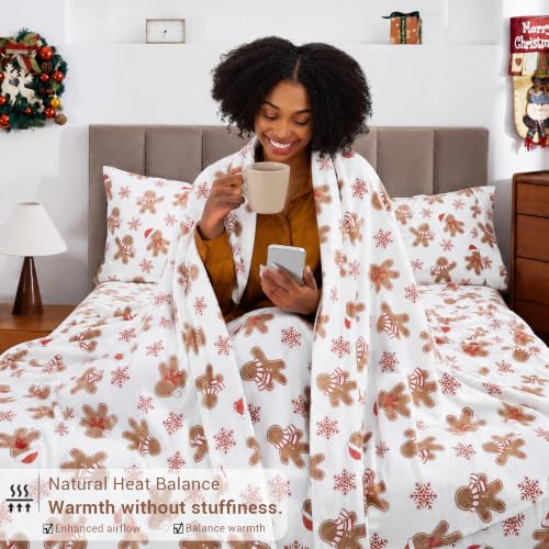 Lasoftan Christmas Cotton Flannel Sheets Full Size - Gingerbread Snowflake Pattern