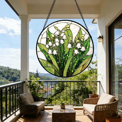 Lily of the Valley Stained Glass Window Hanging Suncatcher - White and Green, 7.8 Inch