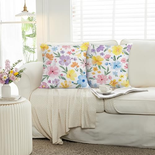 Bonhause Floral Throw Pillow Covers 18x18 Inch, Set of 2 Watercolor Cushion