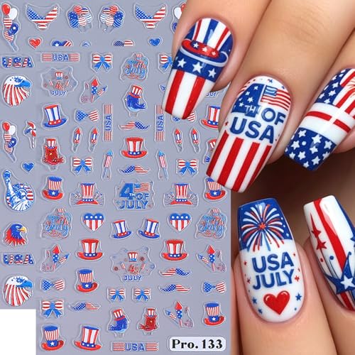 5D Embossed 4th of July Nail Stickers Patriotic Independence Day Decals