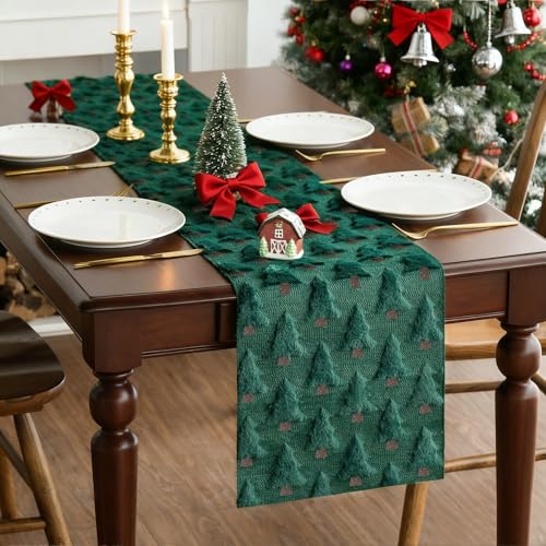Christmas Table Runner Green Faux Fur Jacquard 13x72 Inch - Festive Holiday Decor - Green B