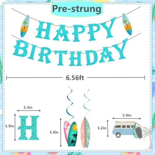 Glitter Blue Surf Birthday Party Decorations - 10 Surfboard Swirls