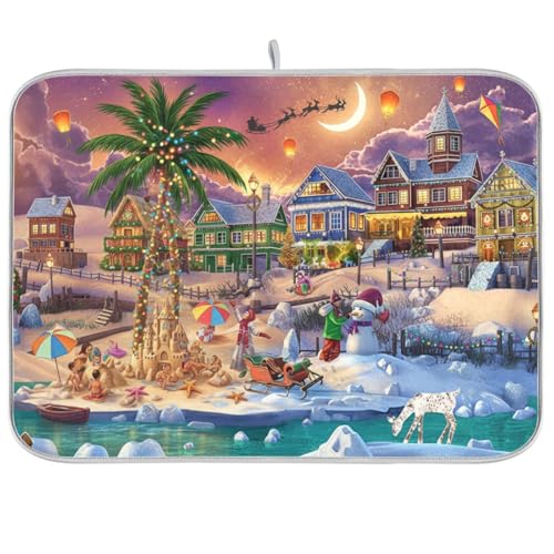 Extra Large Reversible Christmas Dish Drying Mat 24x18 Inches - Microfiber Kitchen Counter Protector