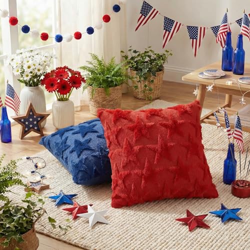 AVOIN Patriotic Stars Throw Pillow Covers, 18x18 Red & Blue, Set of 2