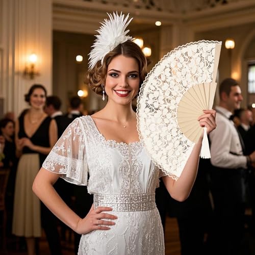 Yellow Lace Handheld Fan - Bamboo Folding Fan for Weddings & Parties