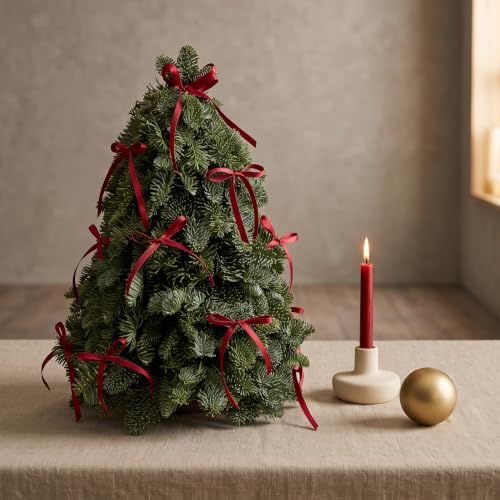 Artificial Christmas Tree with Red Bows - 15.75 Inch Mini Tabletop Decor